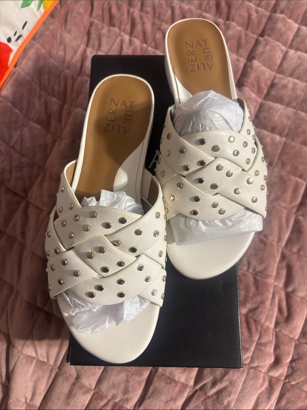 Naturalizer White Studded Crisscross Slide Mules